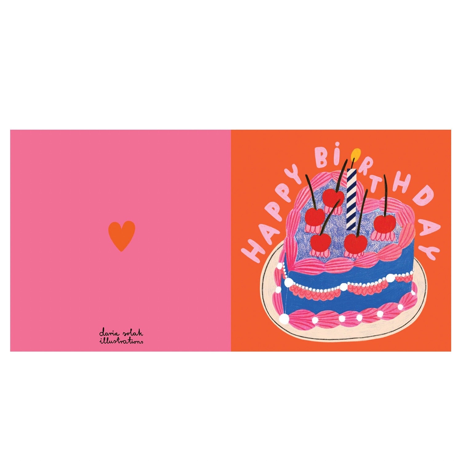 Birthday card with a cake illustration and 'Happy Birthday' text on an orange and pink background.