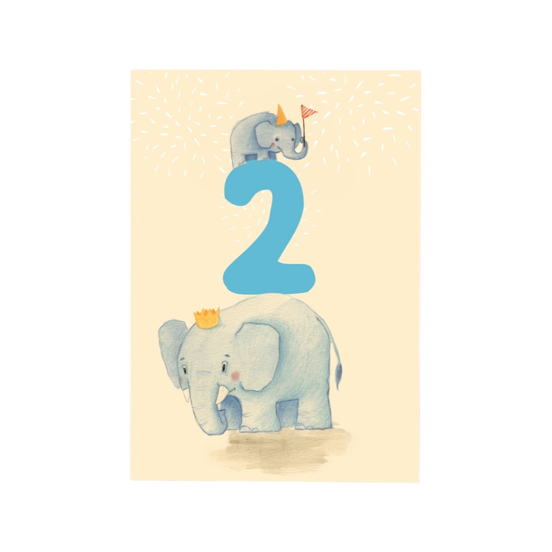 2nd Birthday Card with an illustration of two elephants playing around the number 2.