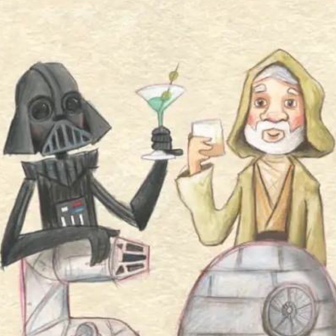 Illustration of Darth Vader and Yoda from Star Wars holding drinks on a beige background.