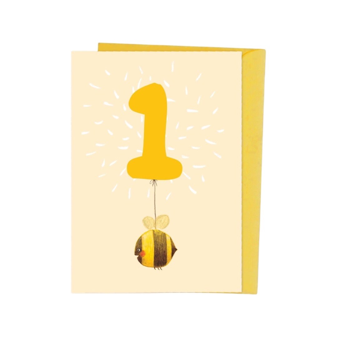 1st Birthday Card with an illustrated bee flying under the number 1