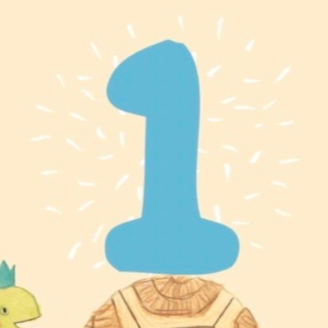 Blue number '1' on a beige background with cartoon turtle at the bottom.