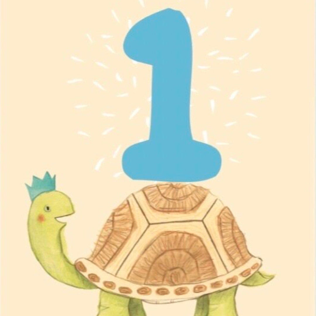 Illustration of a turtle with a blue number 1 on a beige background.