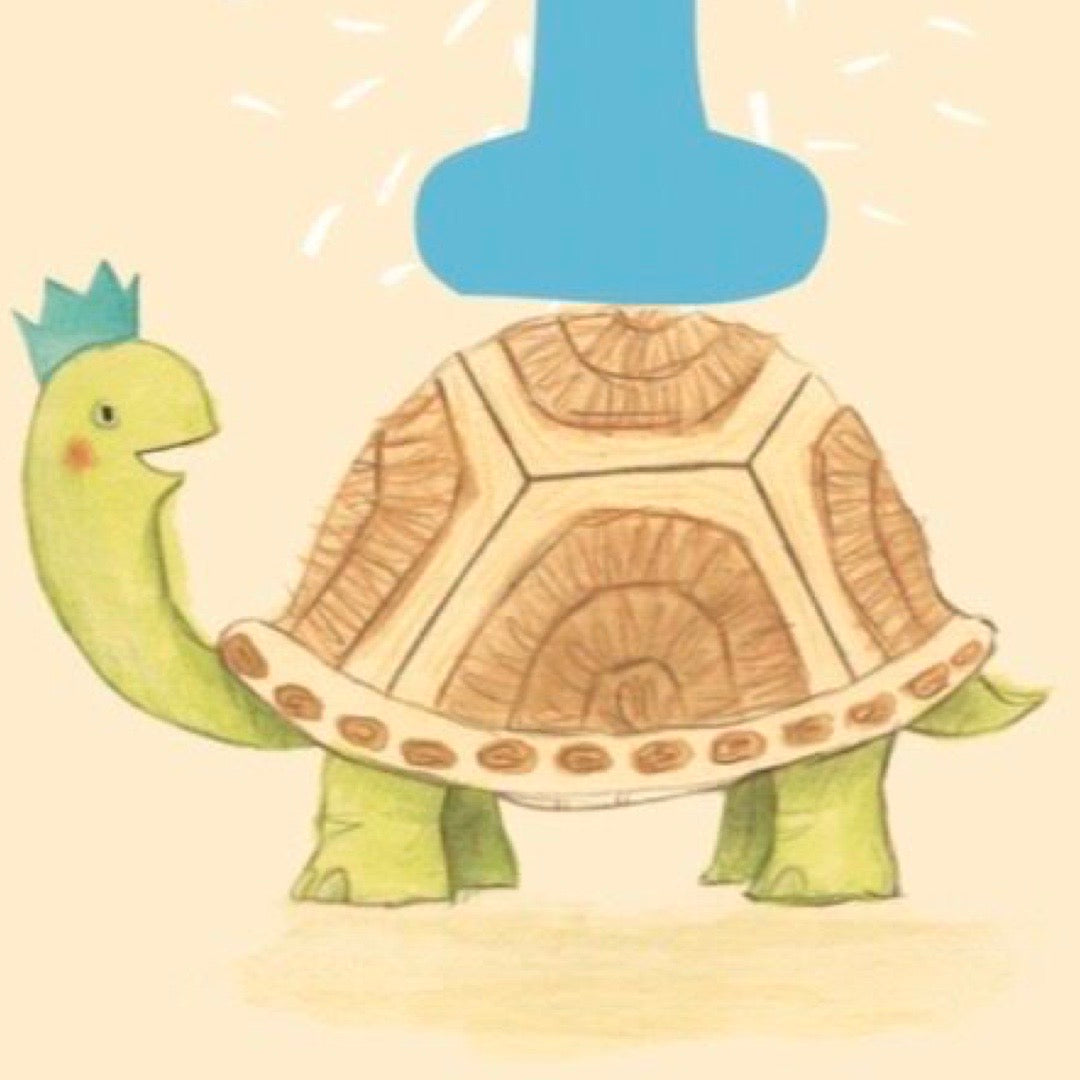 Cartoon turtle with a blue crown on a beige background.