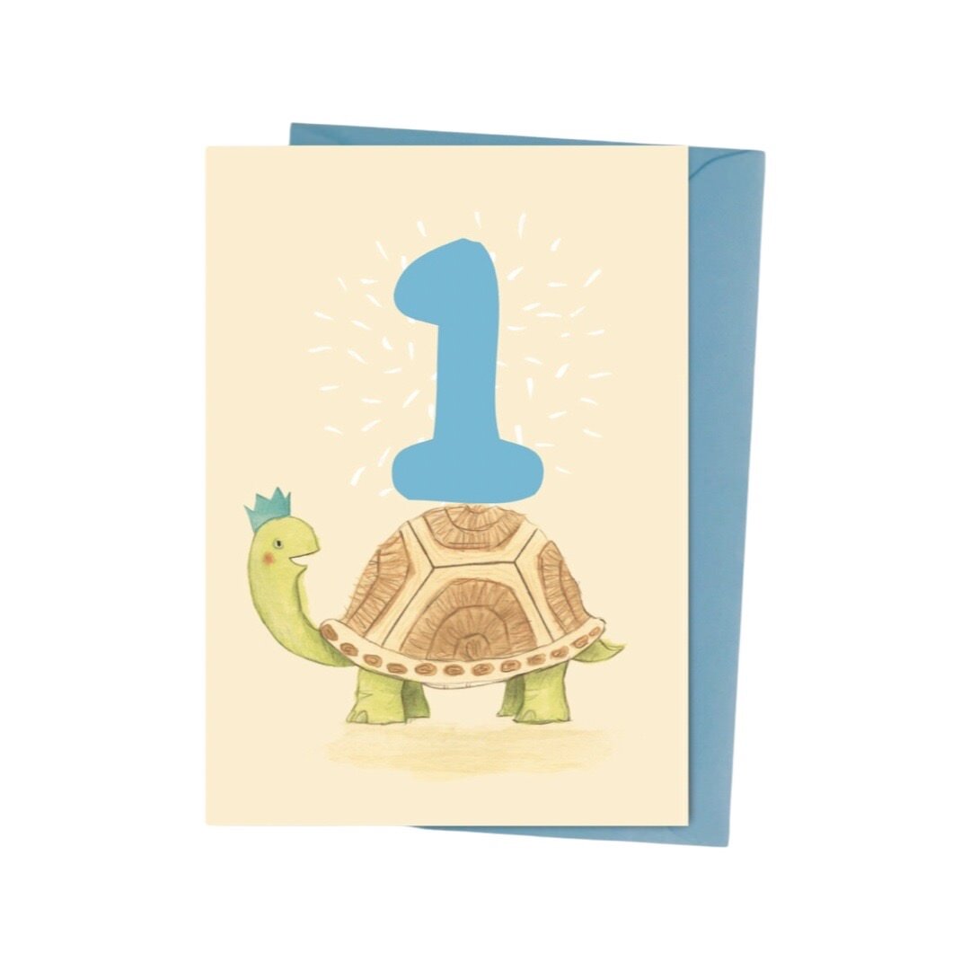 1st Birthday Card with an illustrated turtle under the number 1