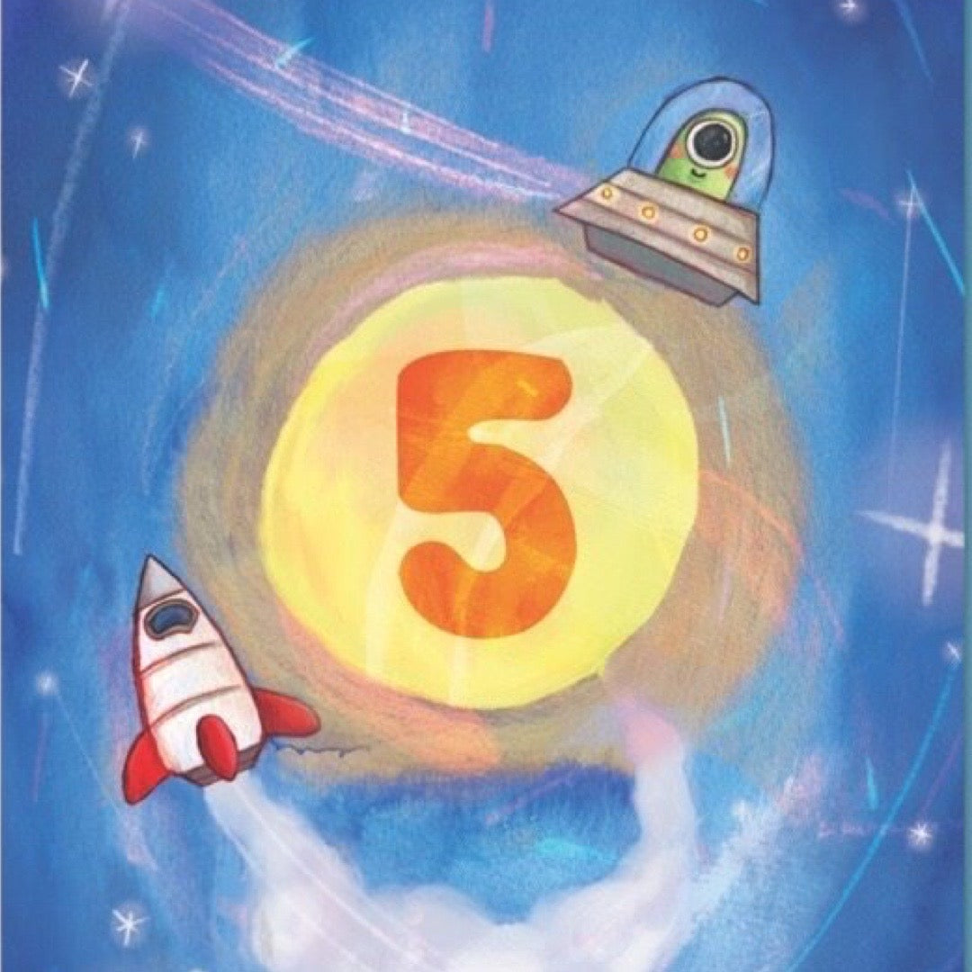 Illustrated 5th birthday card, featuring space rockets, planets and a galaxy of stars.