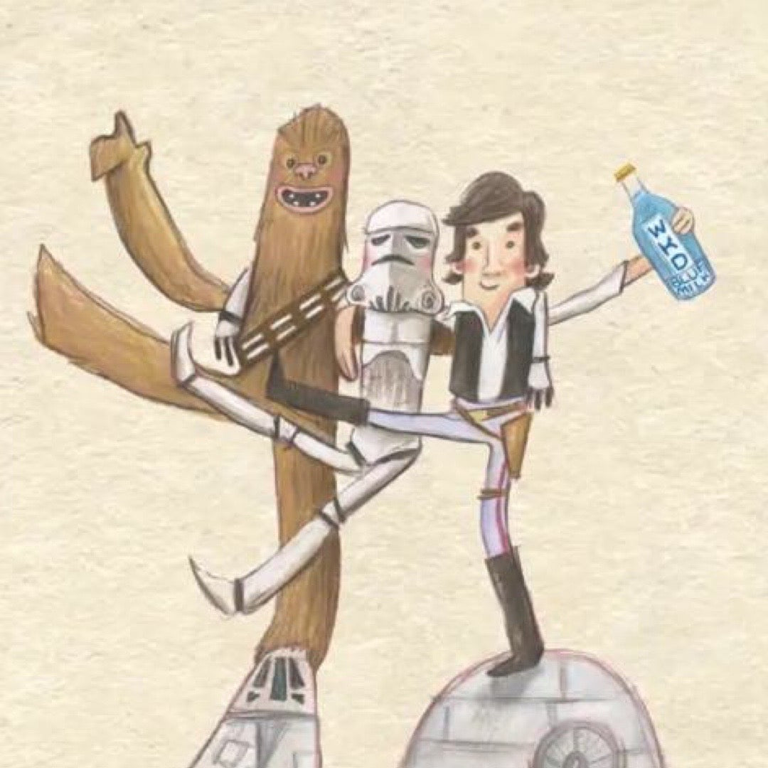 40th birthday card featuring an illustration of Chewbacca, a Stormtrooper and Han Solo, all dancing!