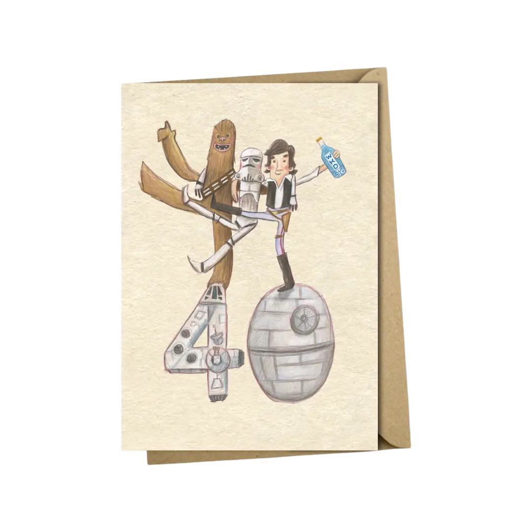 40th birthday card featuring an illustration of Chewbacca, a Stormtrooper and Han Solo, all dancing!