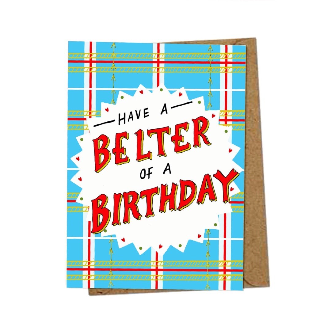Birthday card with the text 'Have a Belter of a Birthday' inside a white pointy-edged circle on a blue tartan background.