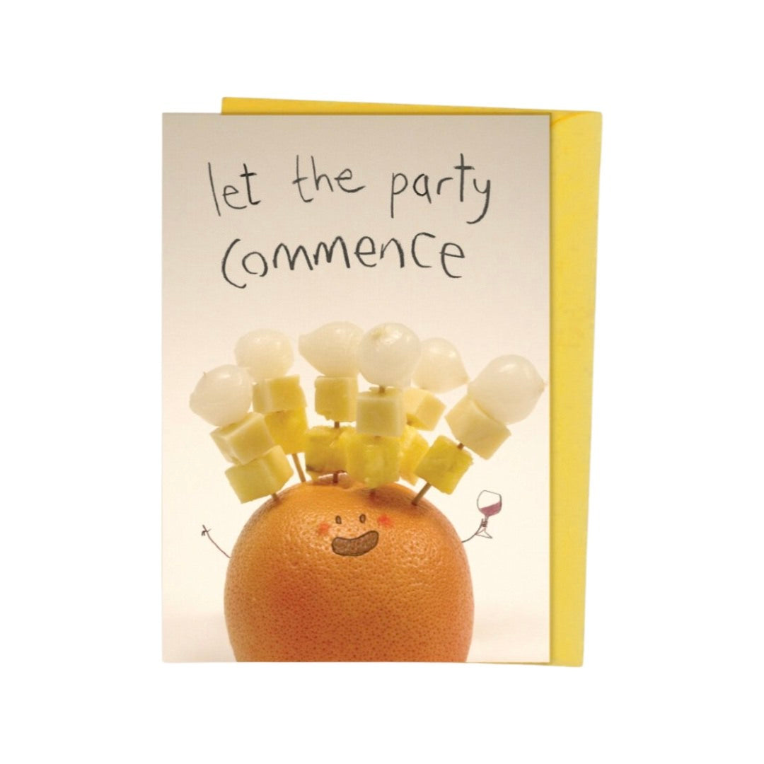 Birthday card featuring an illustration of an orange with onion, cheese and pineapple sticks.