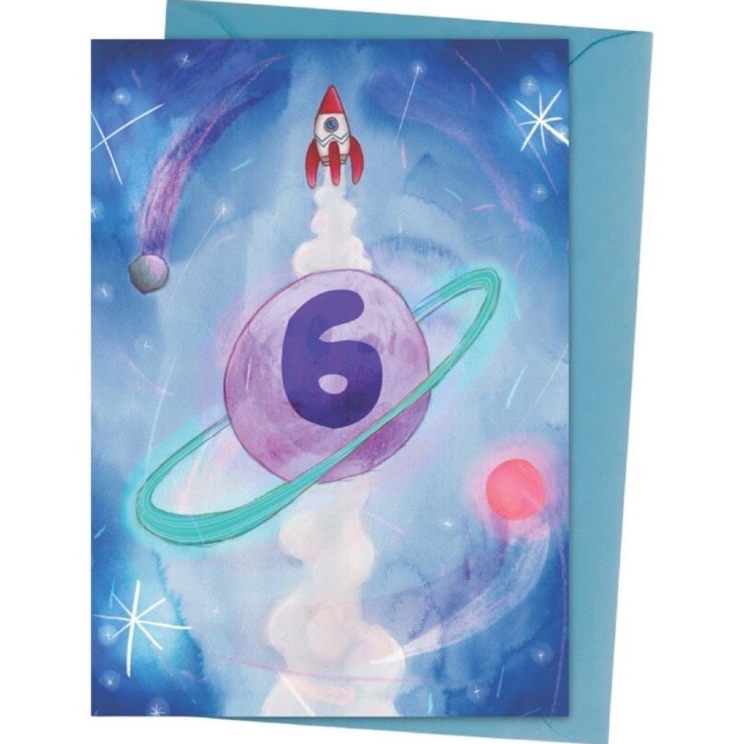 Illustrated 6th birthday card, featuring space rockets, planets and a galaxy of stars.