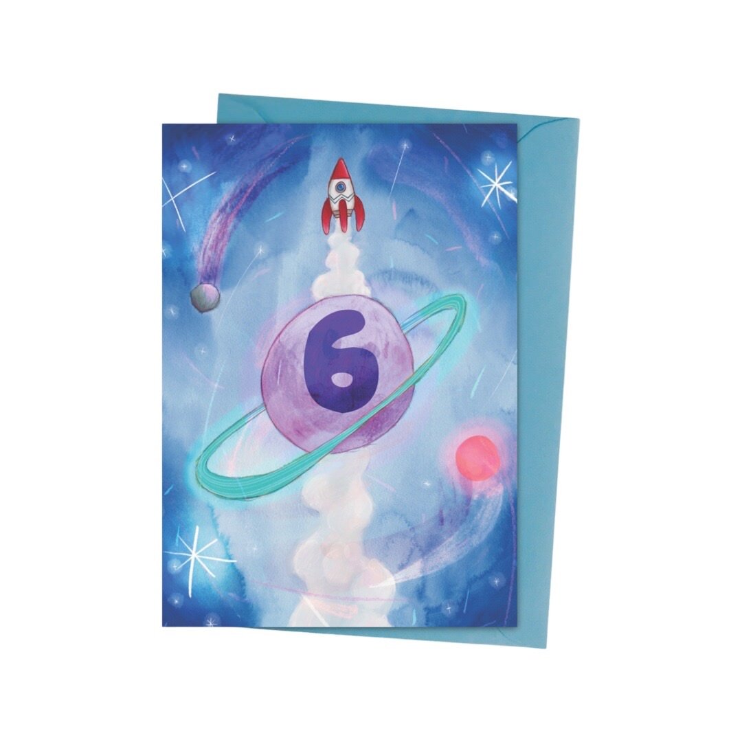 Illustrated 6th birthday card, featuring space rockets, planets and a galaxy of stars.