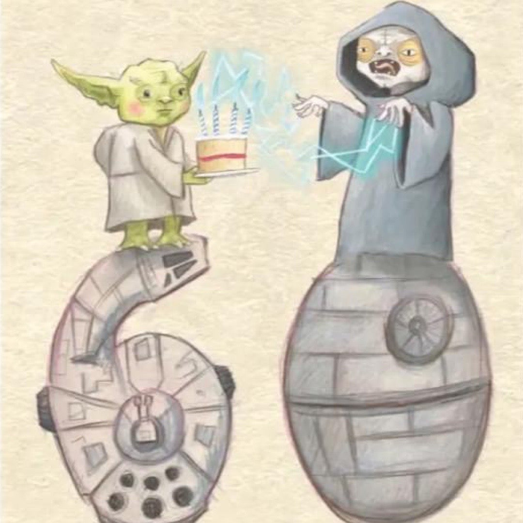 60th birthday card featuring an illustration of Yoda carrying a cake and Emperor Palpatine.