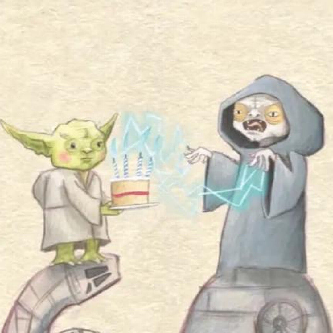 60th birthday card featuring an illustration of Yoda carrying a cake and Emperor Palpatine.