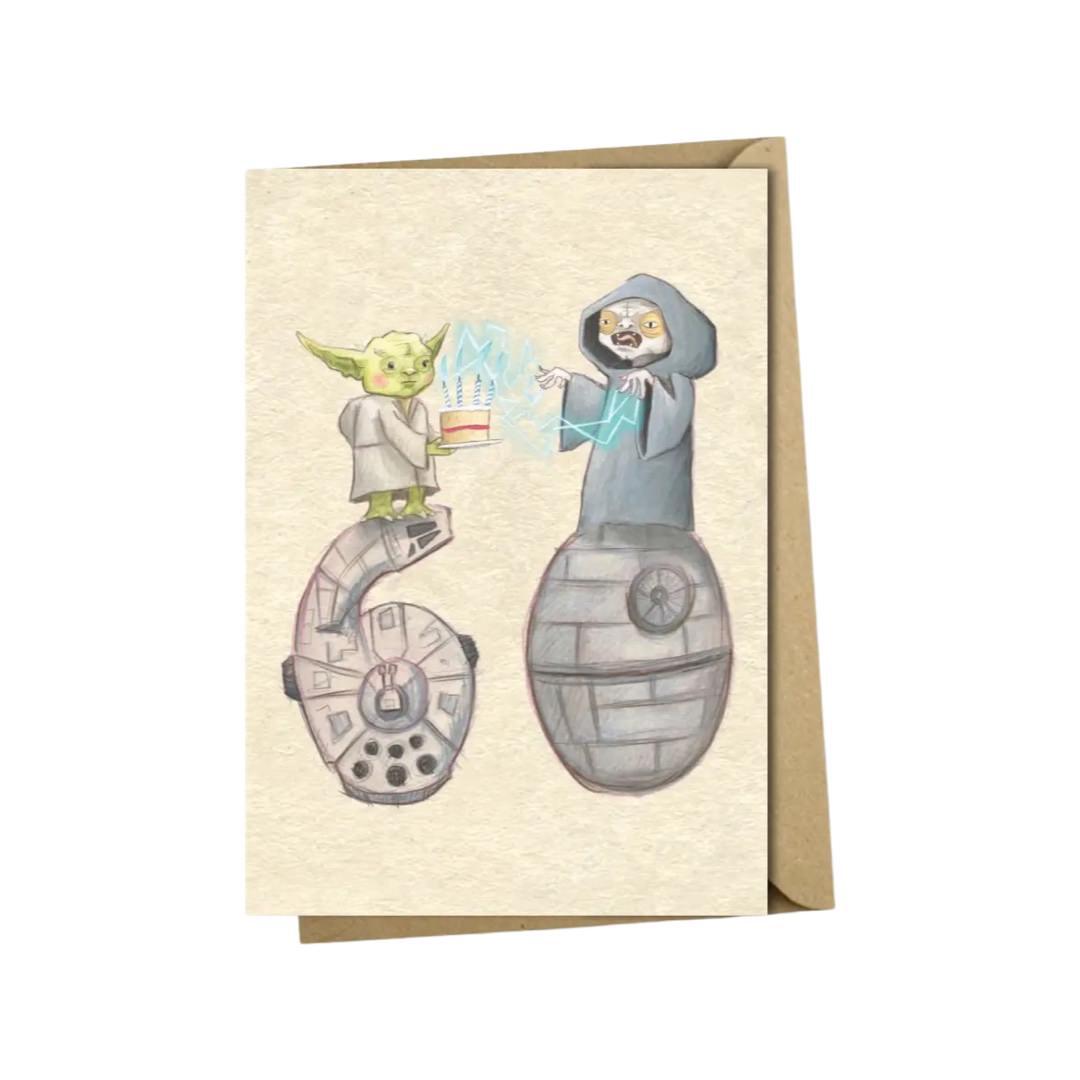 60th birthday card featuring an illustration of Yoda carrying a cake and Emperor Palpatine.