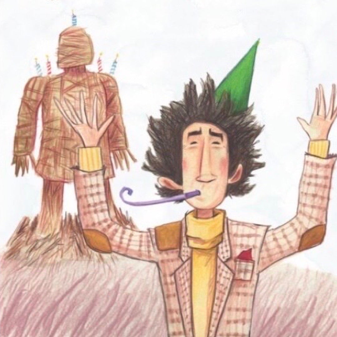 Birthday card featuring an illustration inspired by the movie The Wicker Man featuring Christopher Lee and a giant wicker man.