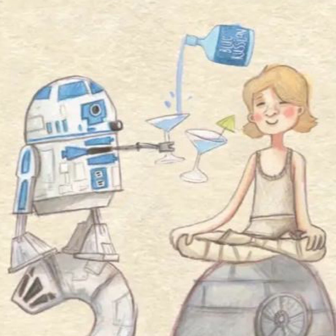 30th birthday card featuring an illustration of R2D2 and Luke Skywalker drinking cocktails.