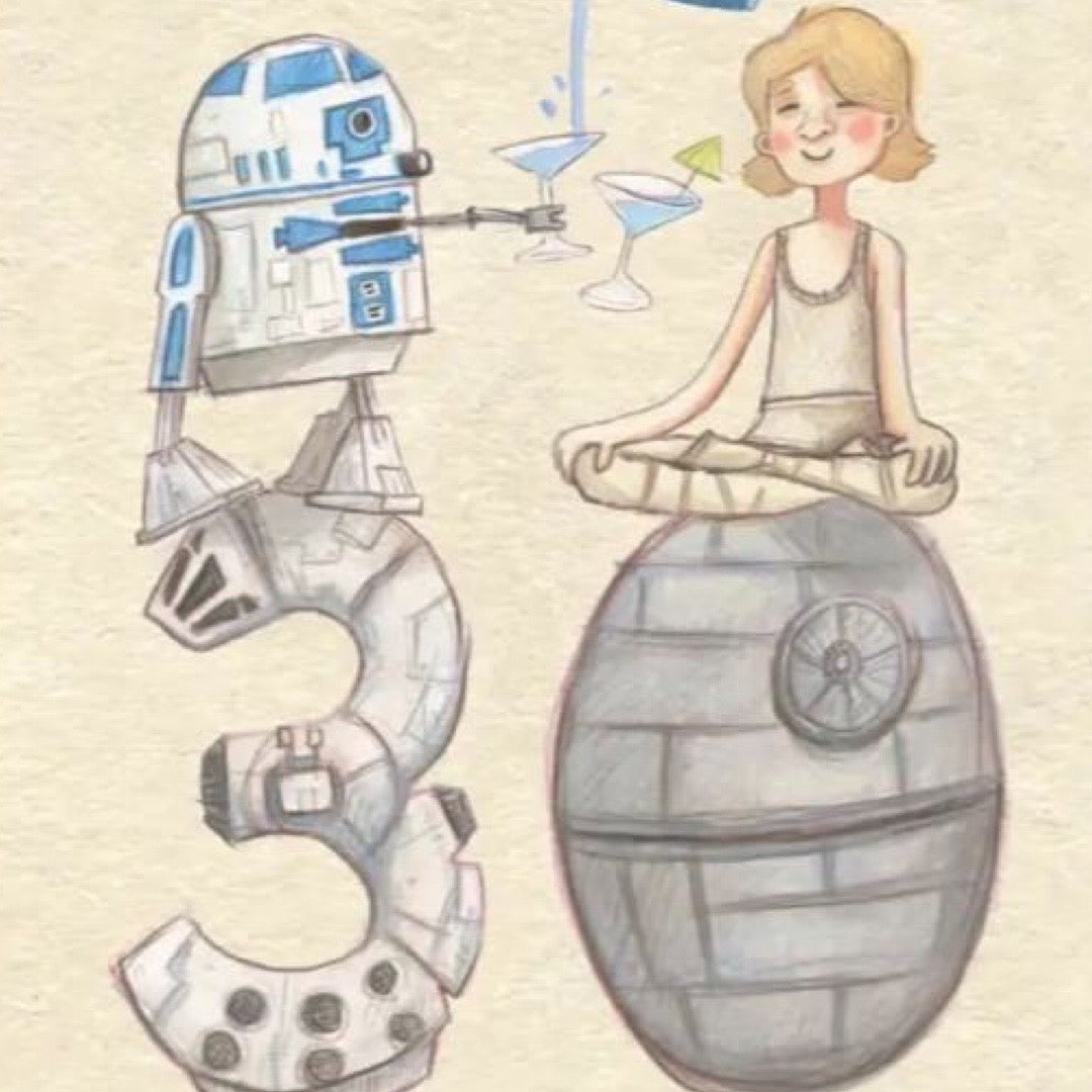 30th birthday card featuring an illustration of R2D2 and Luke Skywalker drinking cocktails.