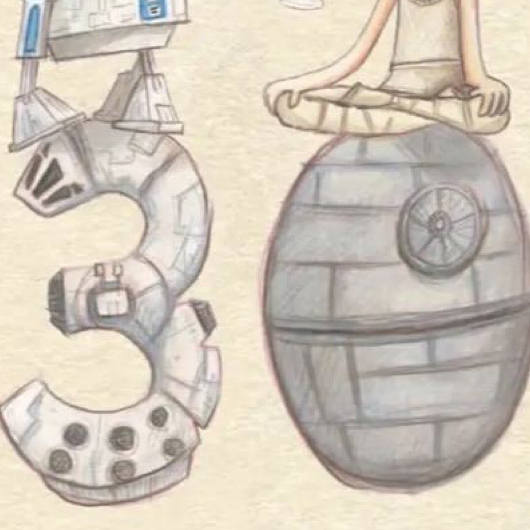 30th birthday card featuring an illustration of R2D2 and Luke Skywalker drinking cocktails.