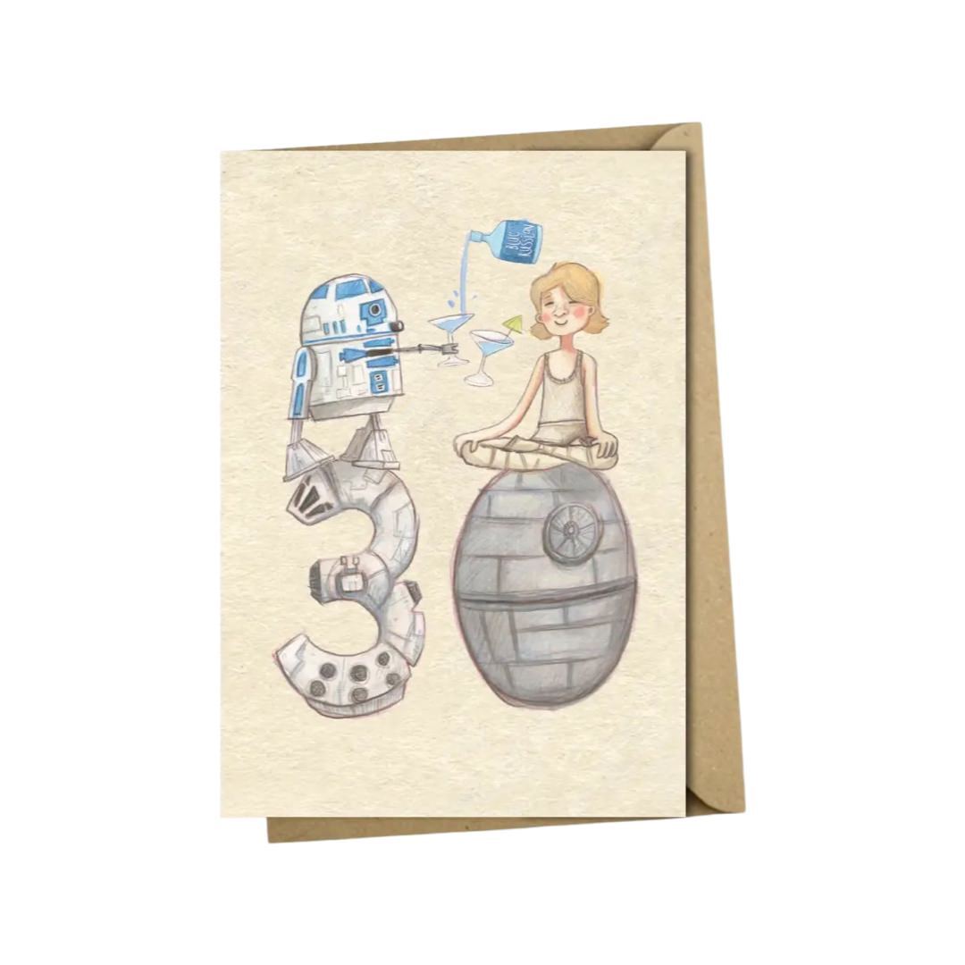 30th birthday card featuring an illustration of R2D2 and Luke Skywalker drinking cocktails.