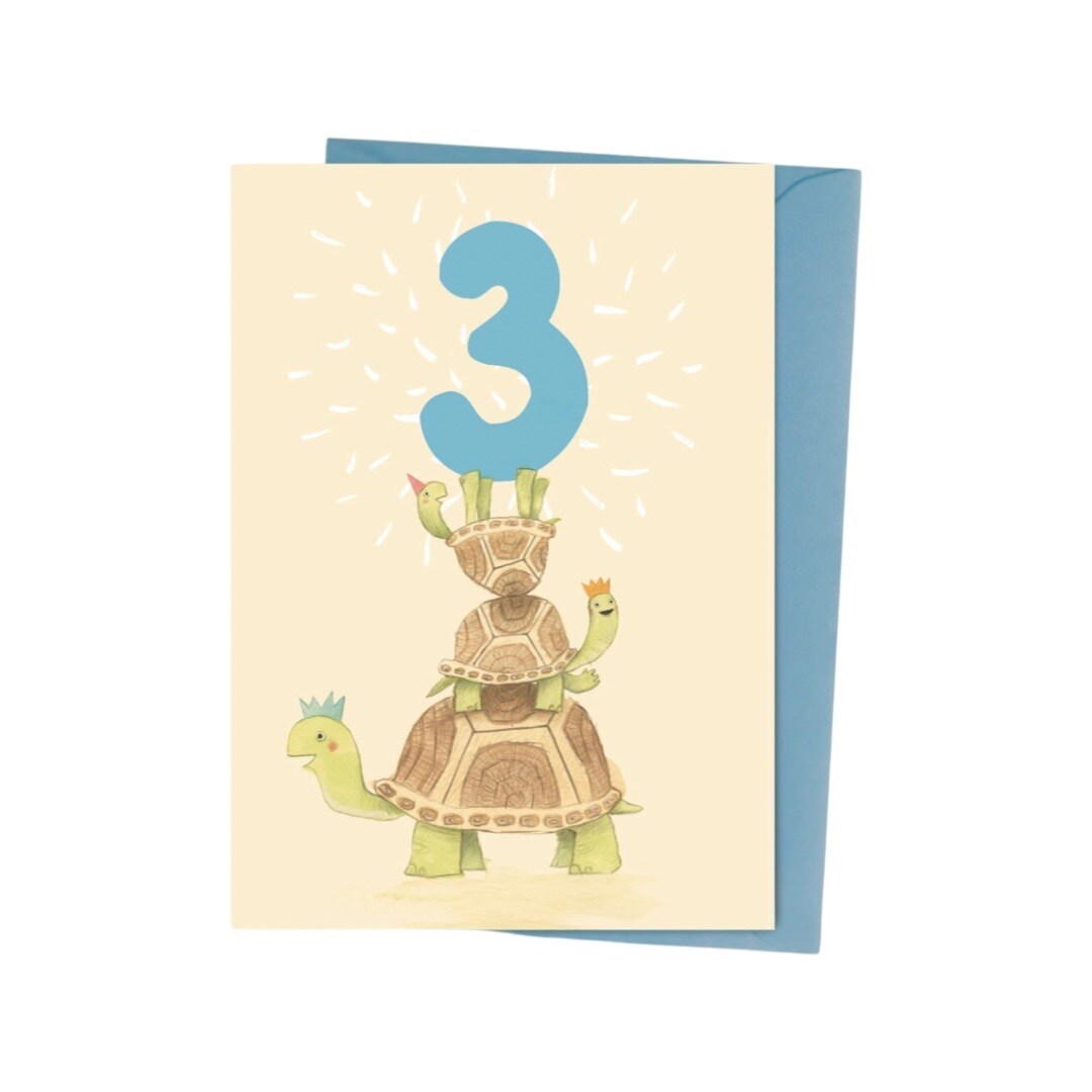 3rd Birthday Card with an illustration of three turtles holding up the number 3.