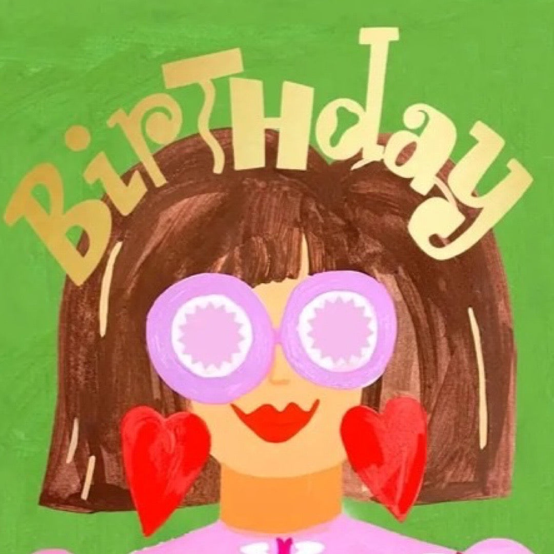 Cartoon character with 'Birthday' text on a green background.