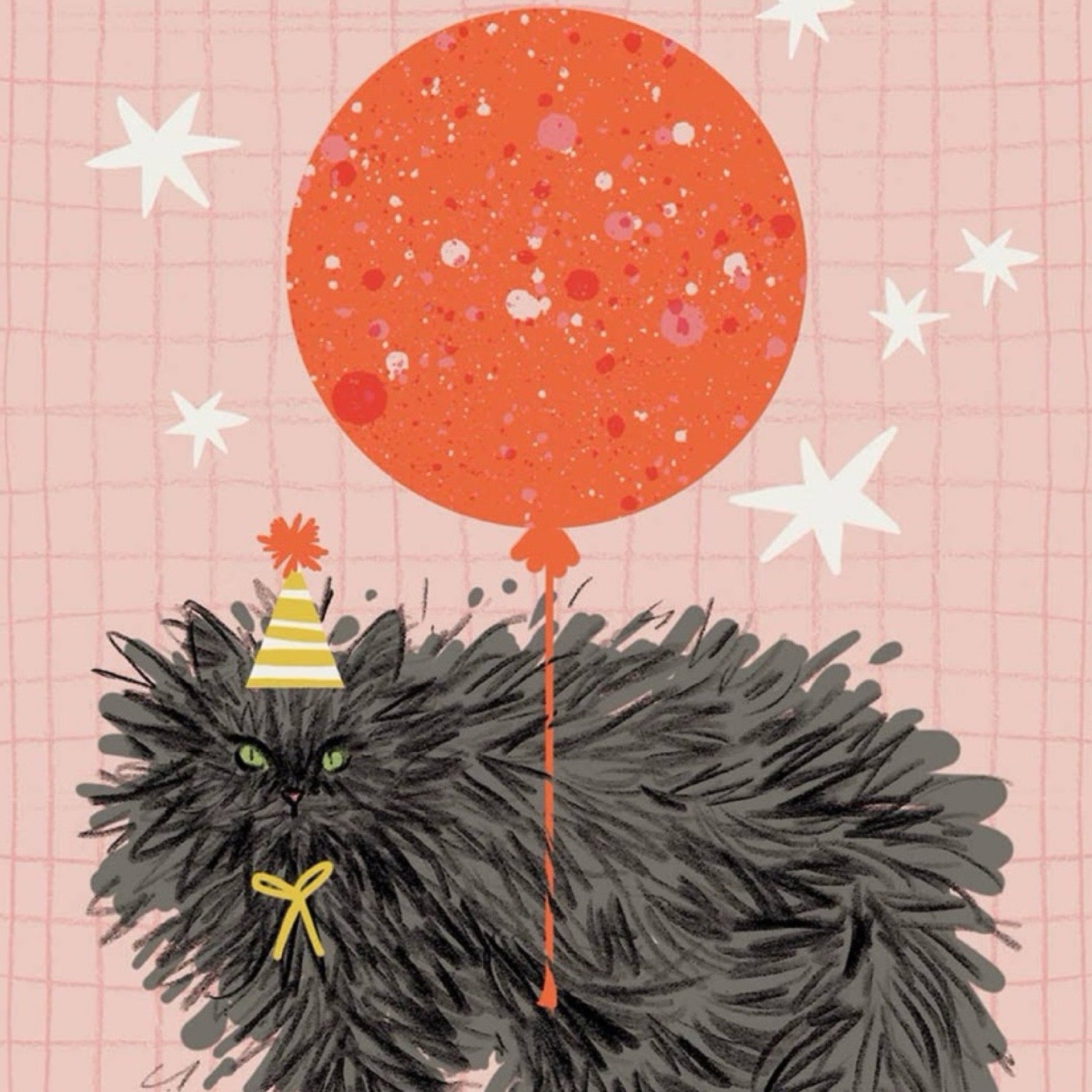 Birthday card featuring an illustration of a black cat wearing a party hat floating tied to a big red balloon