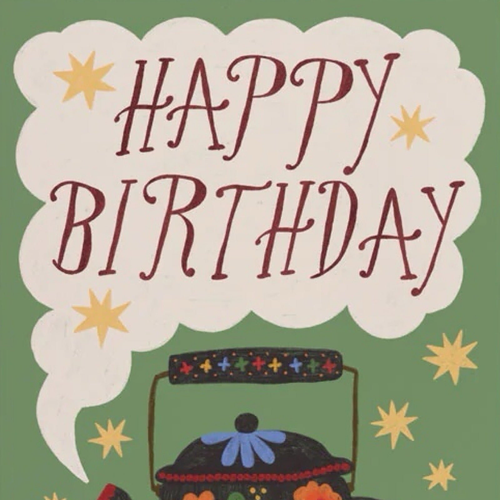 An image of a card with a floral teapot and the words happy birthday.