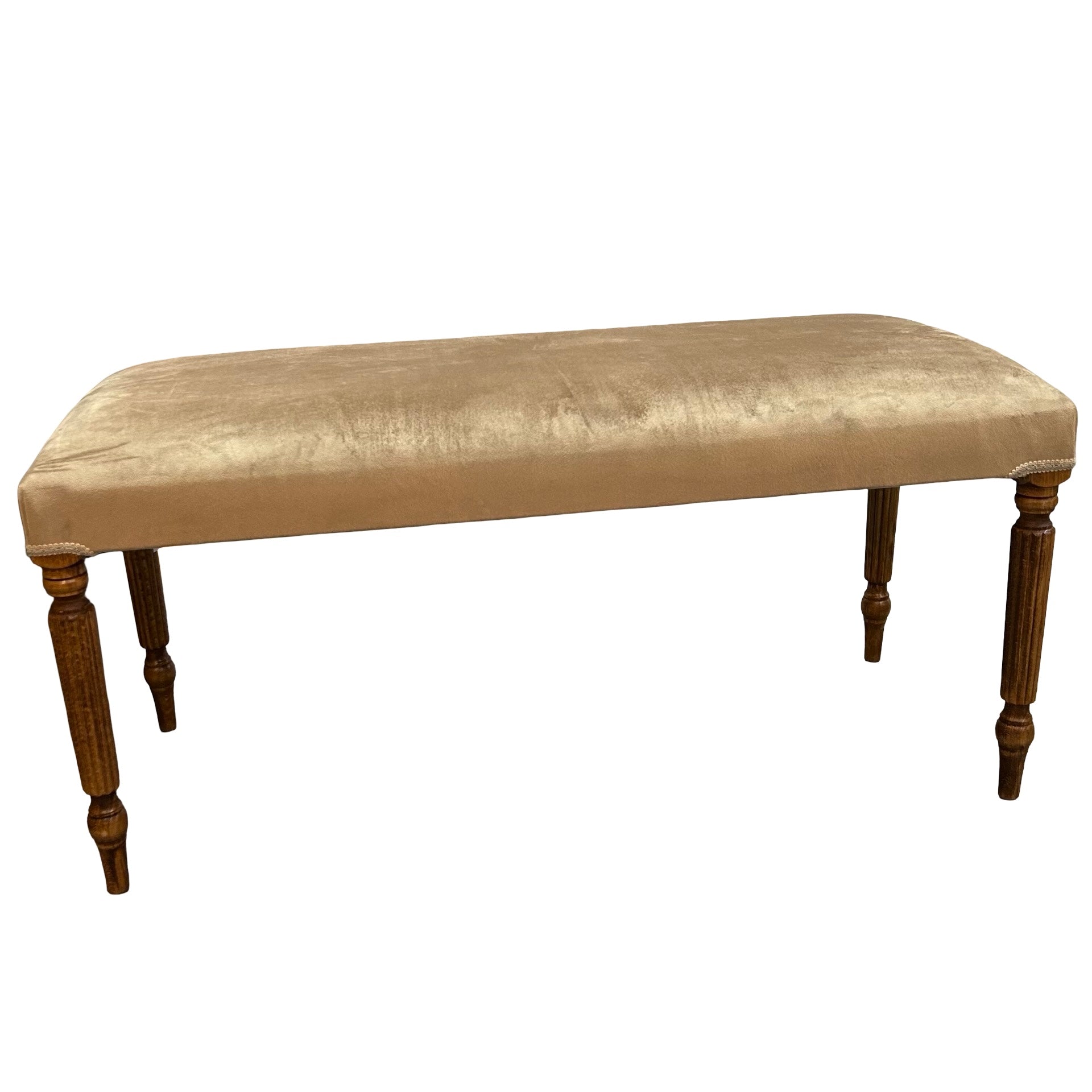 Beige upholstered bench with wooden legs on a white background.