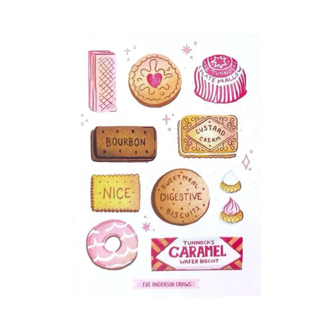 Biscuit lovers sticker sheet featuring 11 individual biscuits including a jammy dodger, a custard cream and a digestive.