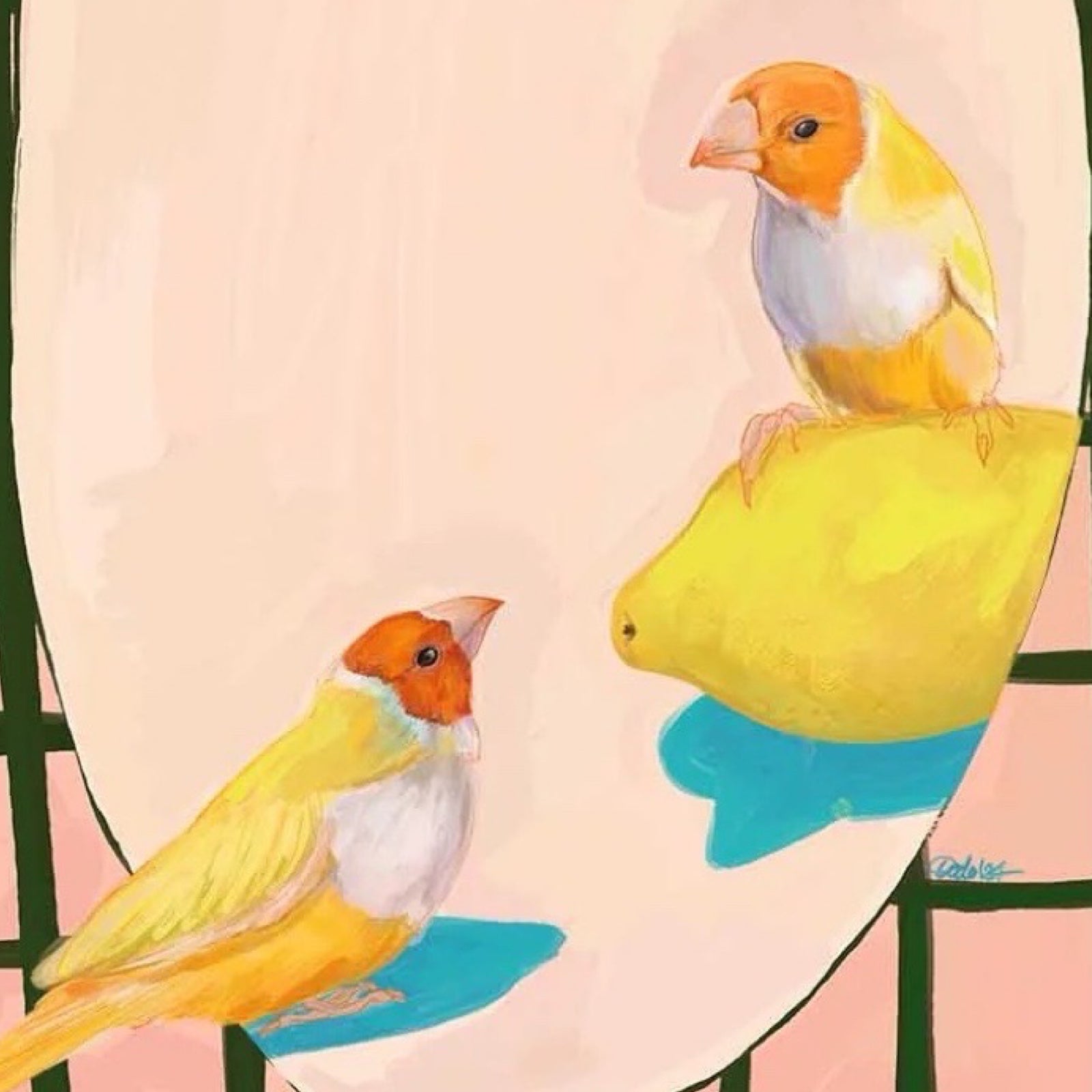 Art print featuring an illustration of two cheeky birds, one sitting on a lemon, surrounded by a green and peach checked border.