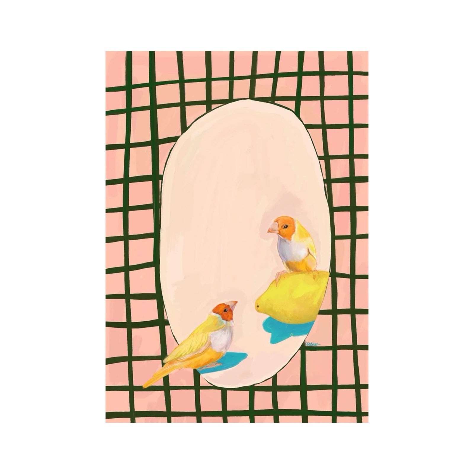 Art print featuring an illustration of two cheeky birds, one sitting on a lemon, surrounded by a green and peach checked border.