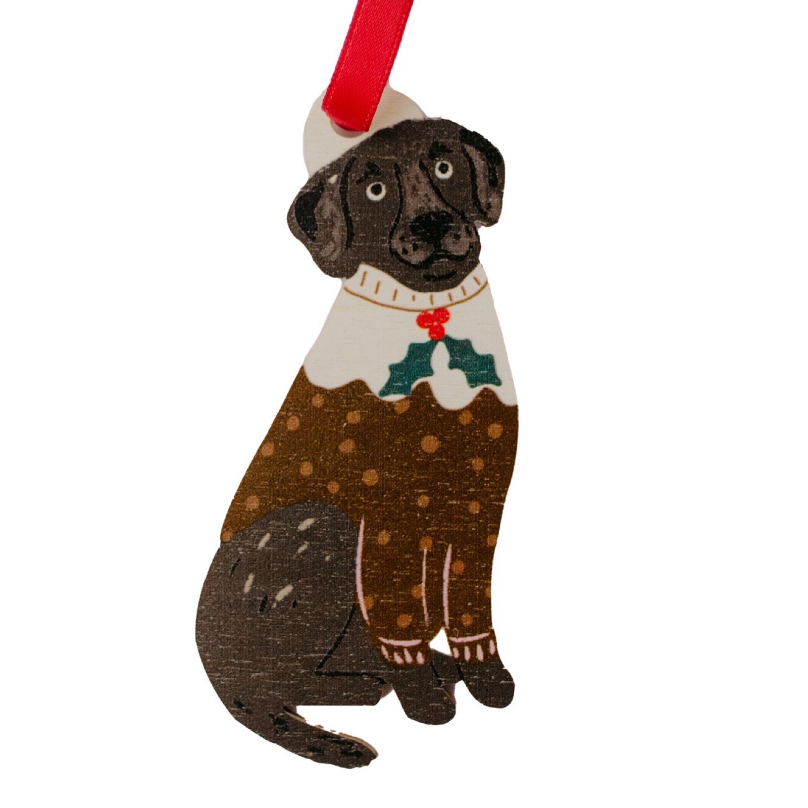Dog-shaped Christmas ornament wearing a sweater with holly design on a white background.
