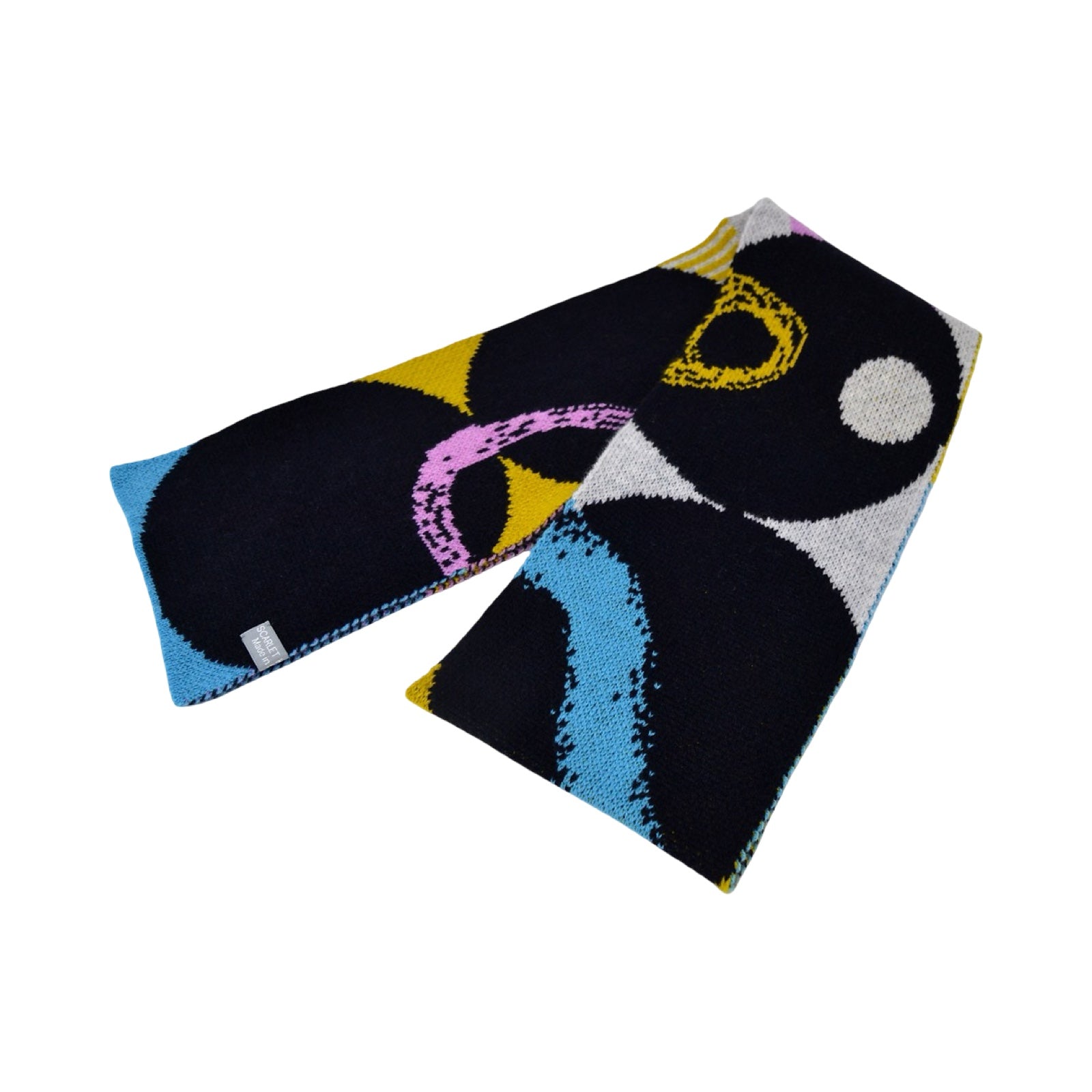 This black, pink, yellow and grey lambswool scarf is sure to add some colour to your outfit with its geometric-shaped designs.
