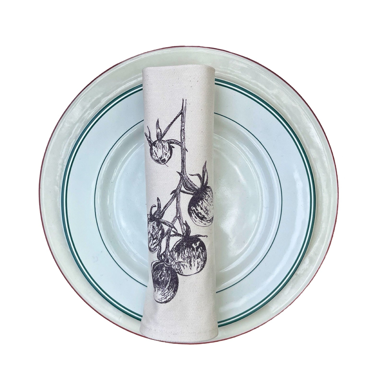 Handmade screen-printed cotton serviettes featuring original illustrations of tomato vines.