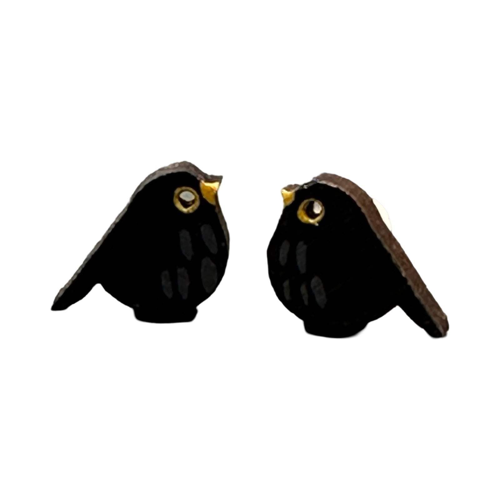 A pair of bird-shaped bamboo earrings hand painted as blackbirds.