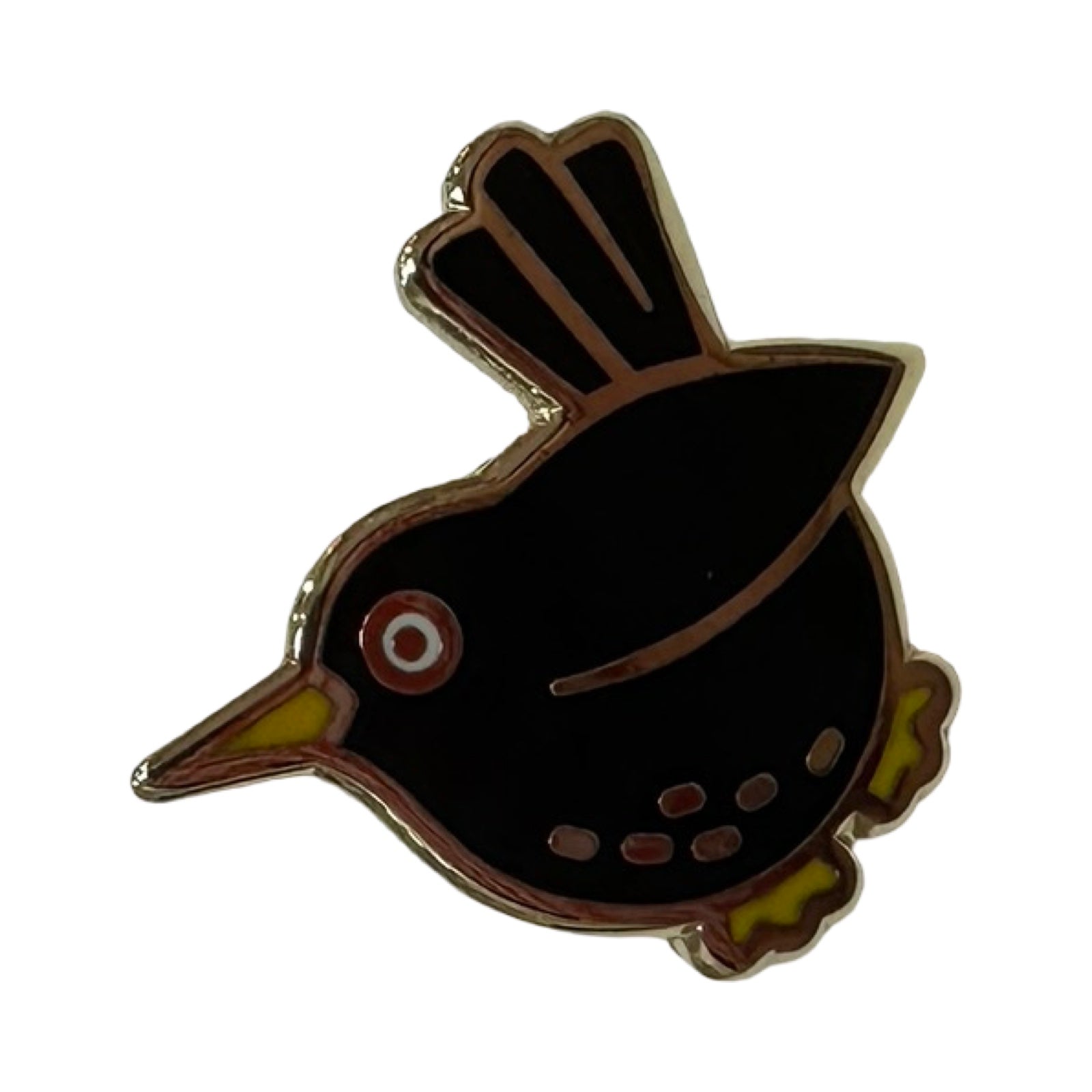 Black bird-shaped pin with a white background.
