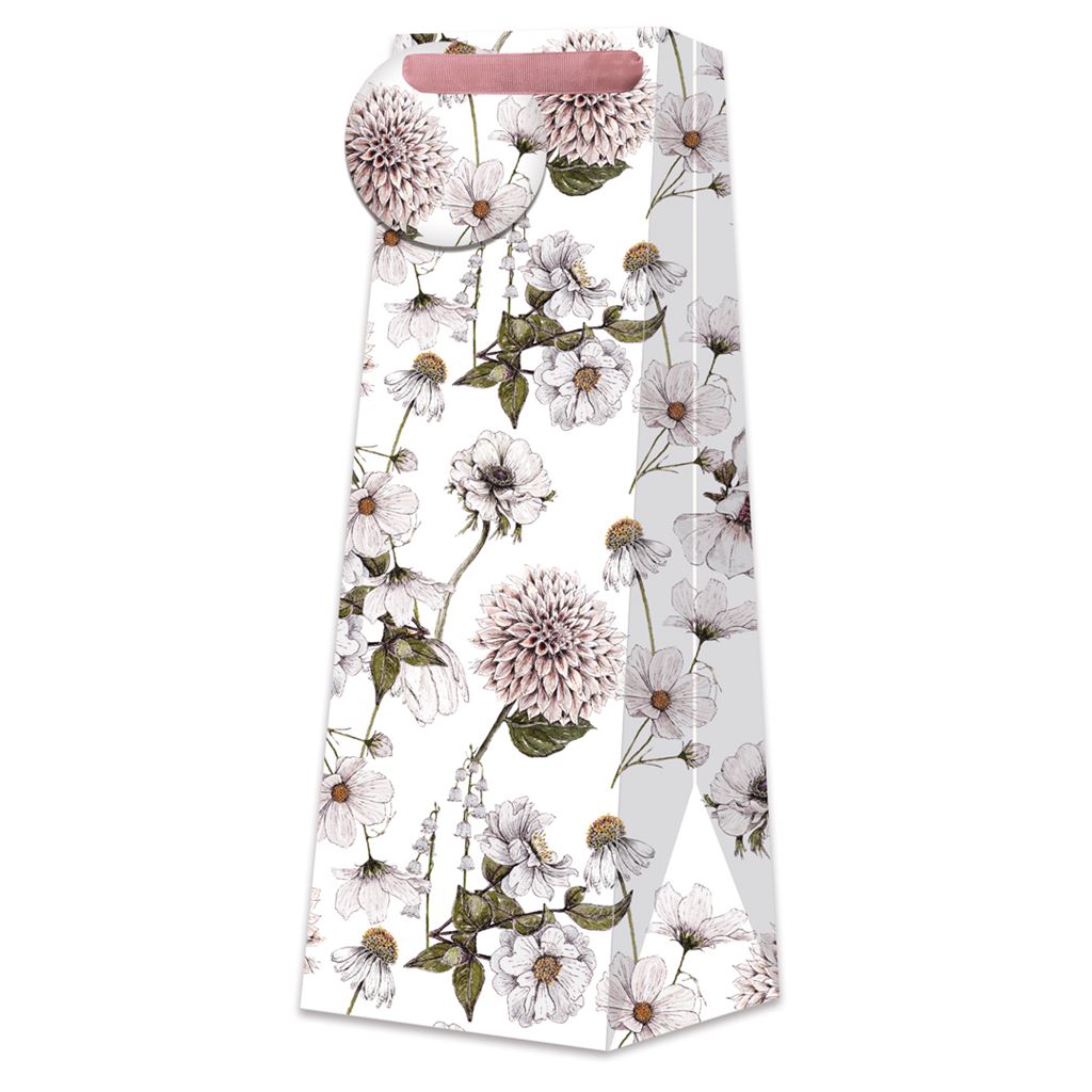 Floral-patterned pink and white bottle bag on a white background.