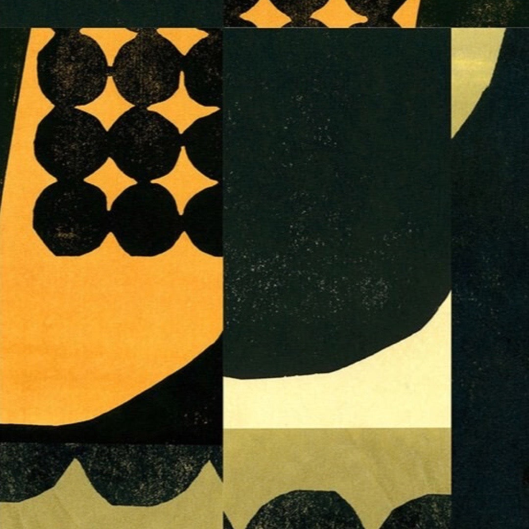 Abstract pattern with black, orange, and beige shapes on a dark background.