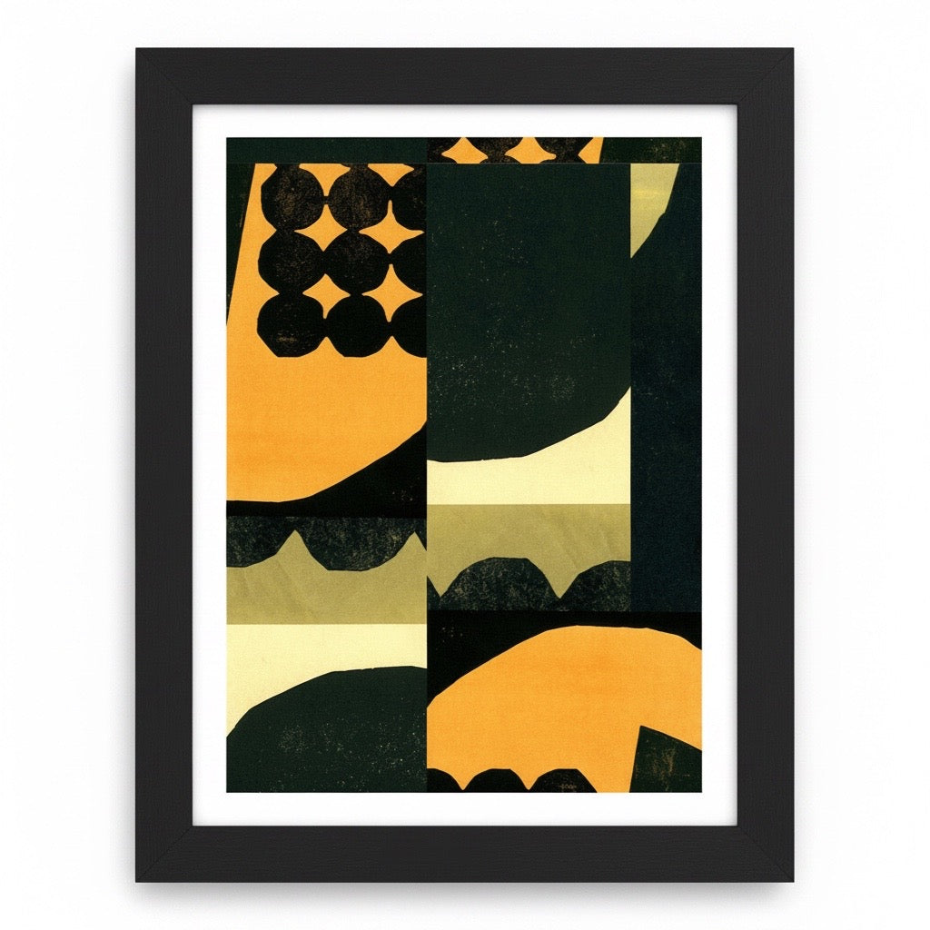 Framed abstract art print with geometric shapes in black, yellow, and white.