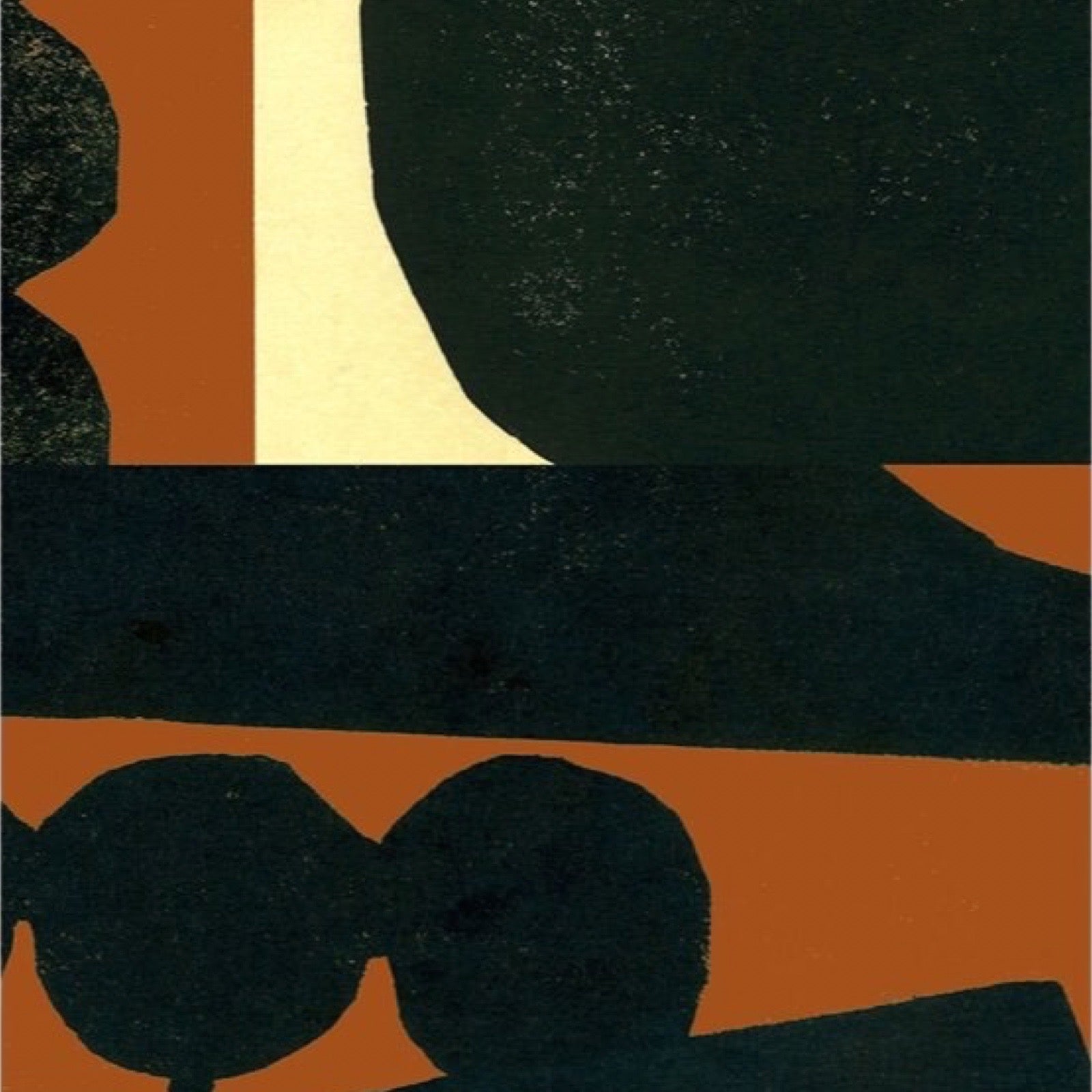 Abstract design with black, orange, and beige shapes on a dark background.