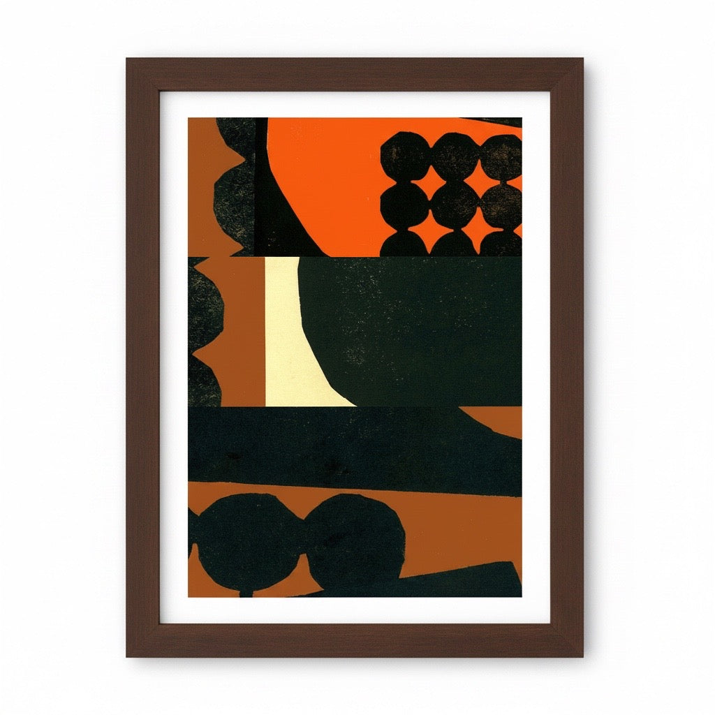 Framed abstract art print with geometric shapes in orange, black, and brown on a white background.