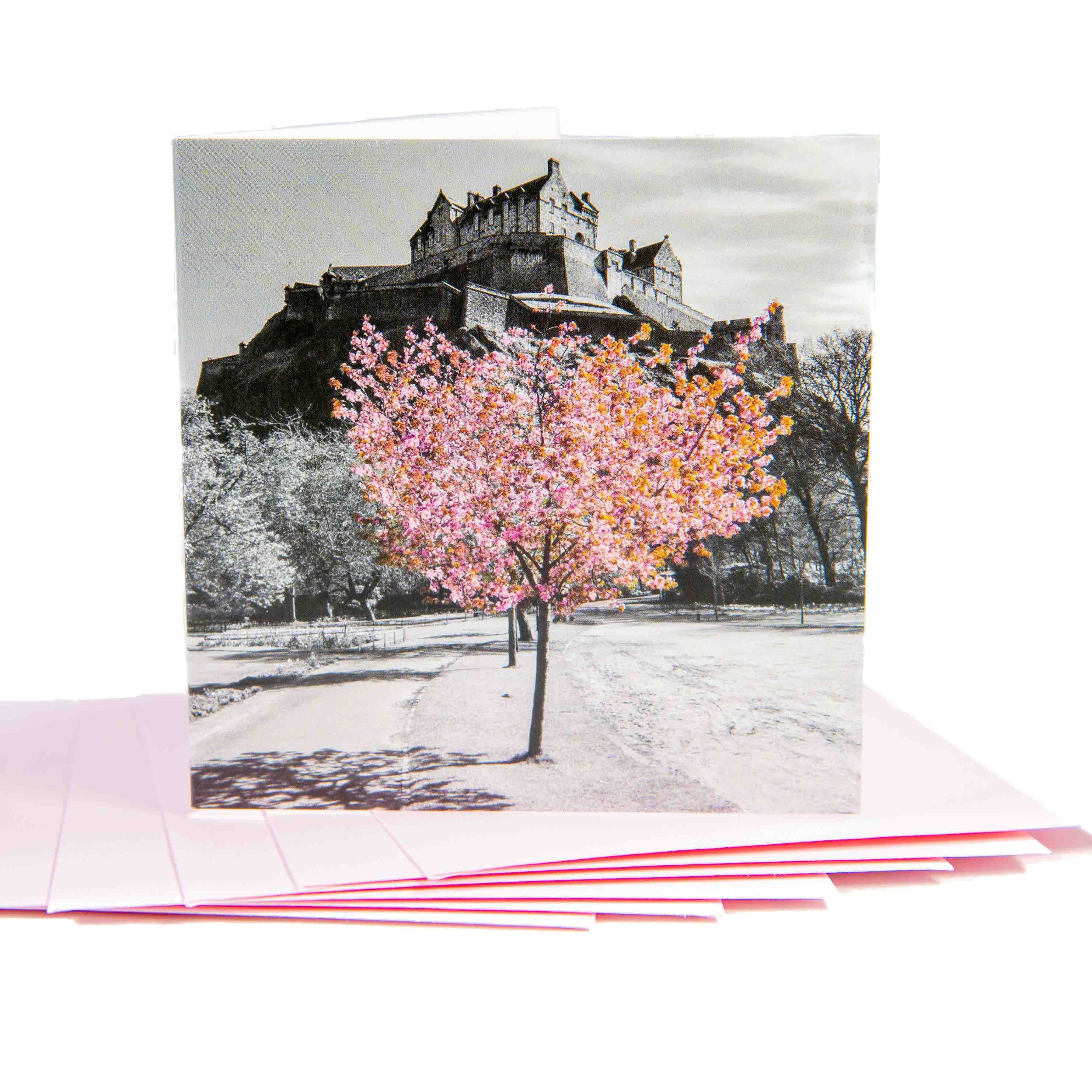 An image of a card with a picture of Edinburgh castle and a tree in pink blossom.