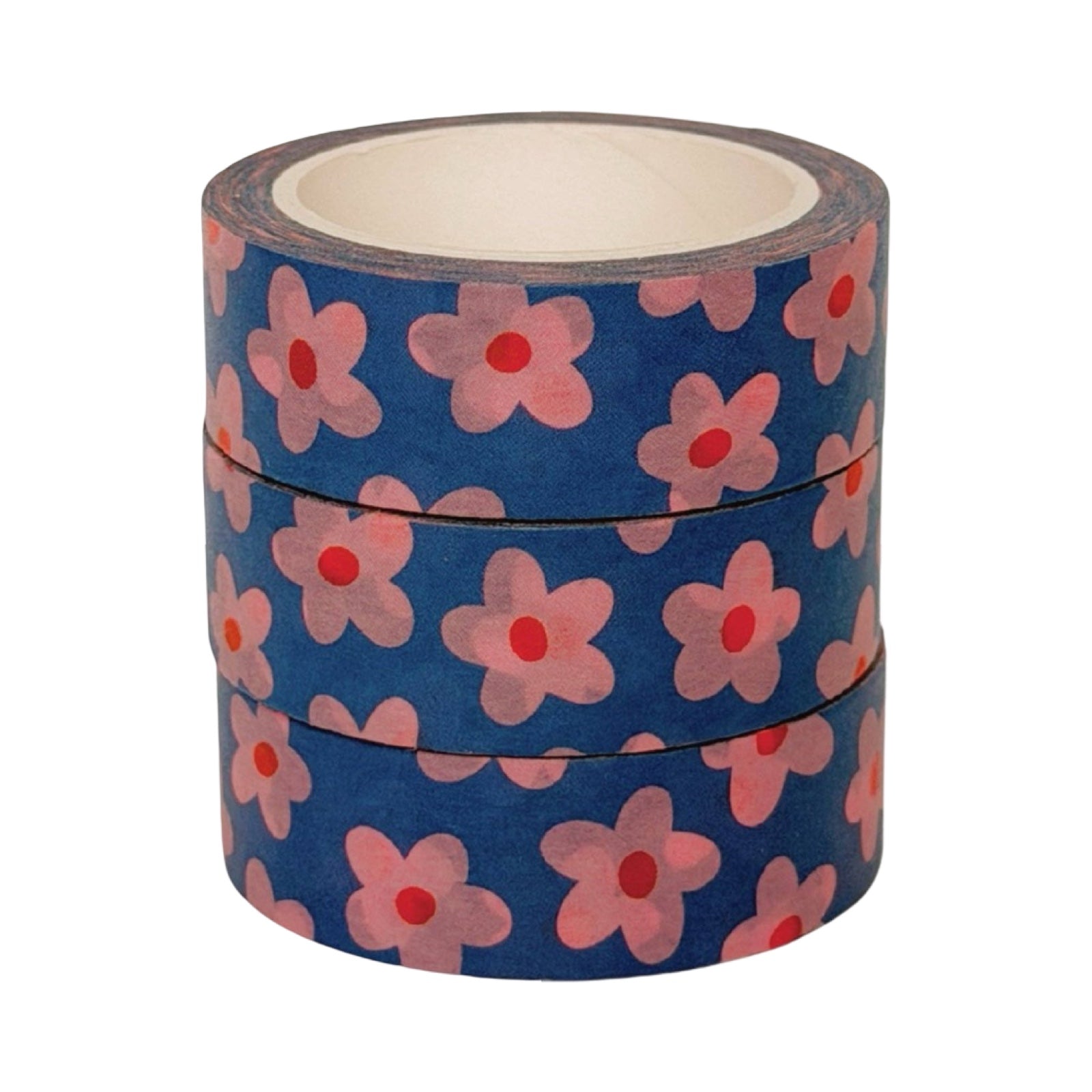 Roll of decorative tape with pink flowers on a blue background.