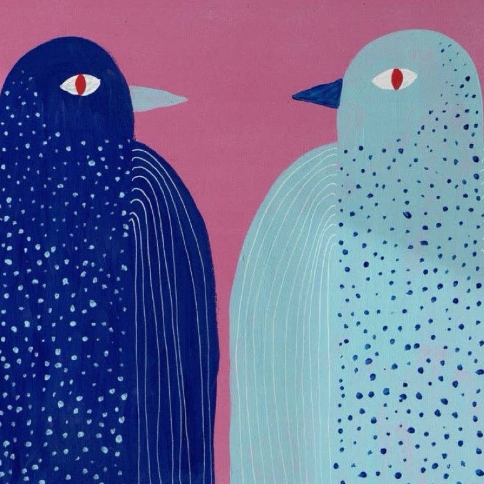 Two stylised birds, one blue and one green, on a pink background.