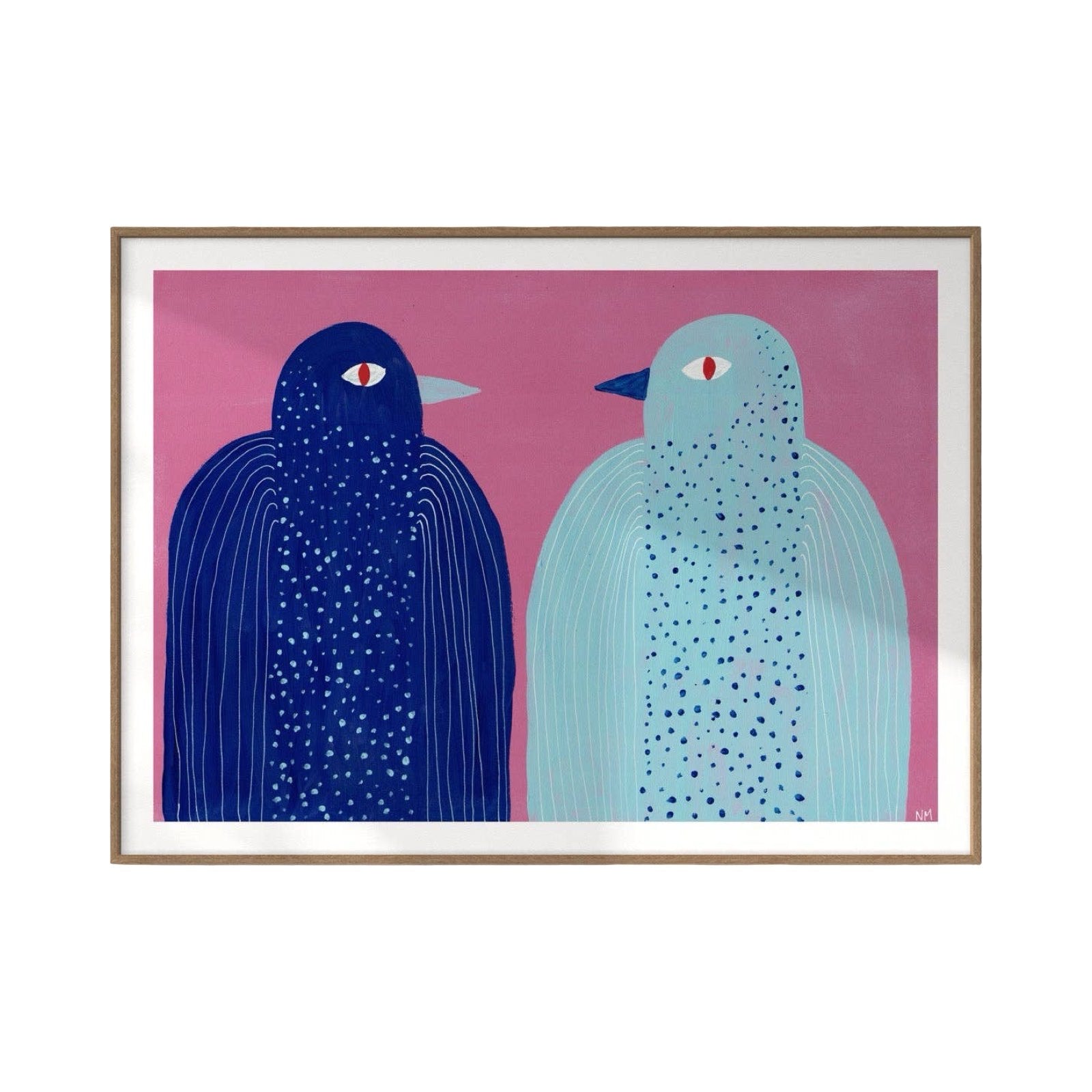 Framed artwork of two stylised birds on a pink background.