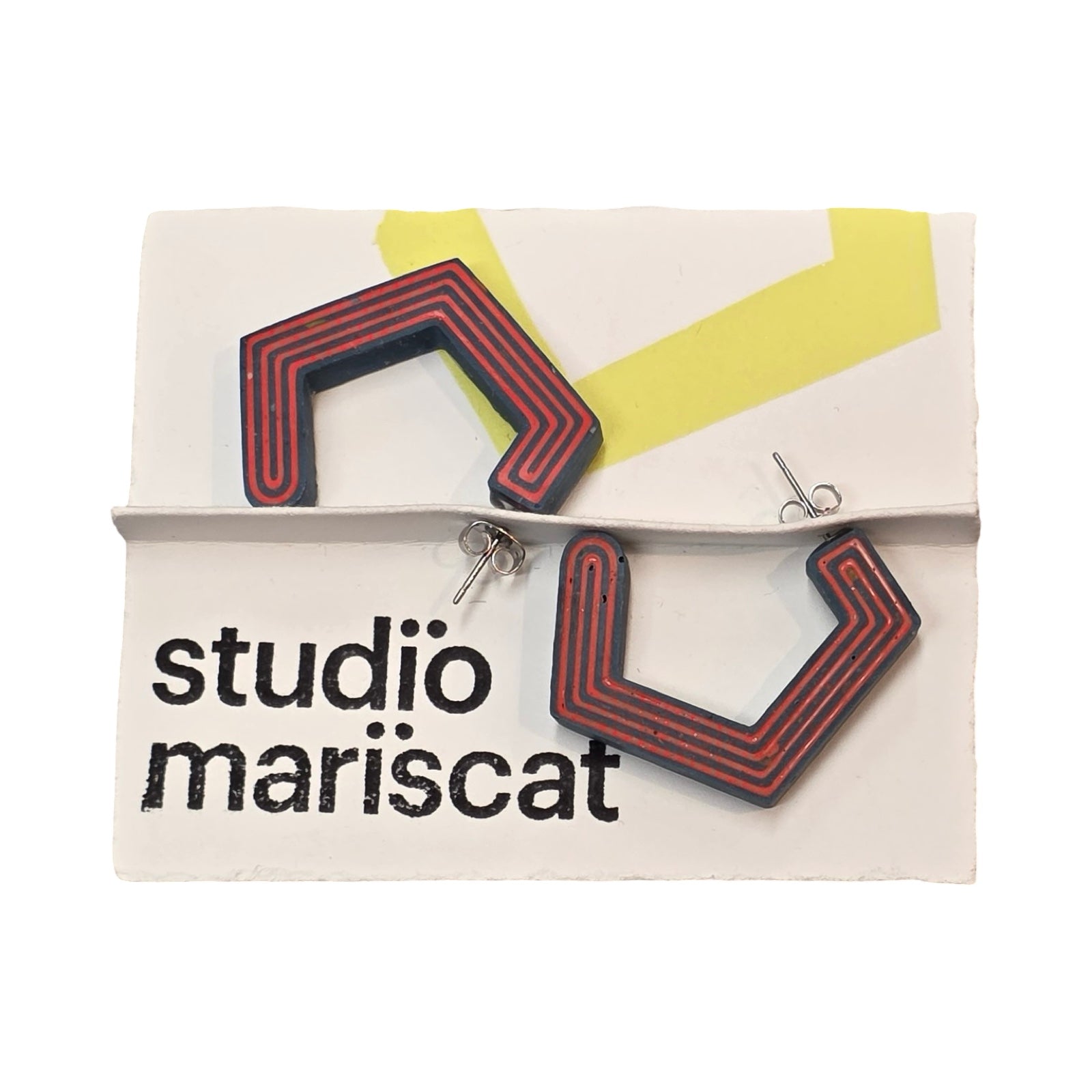 Blue chunky hexagon hoop earrings with orange stripes.