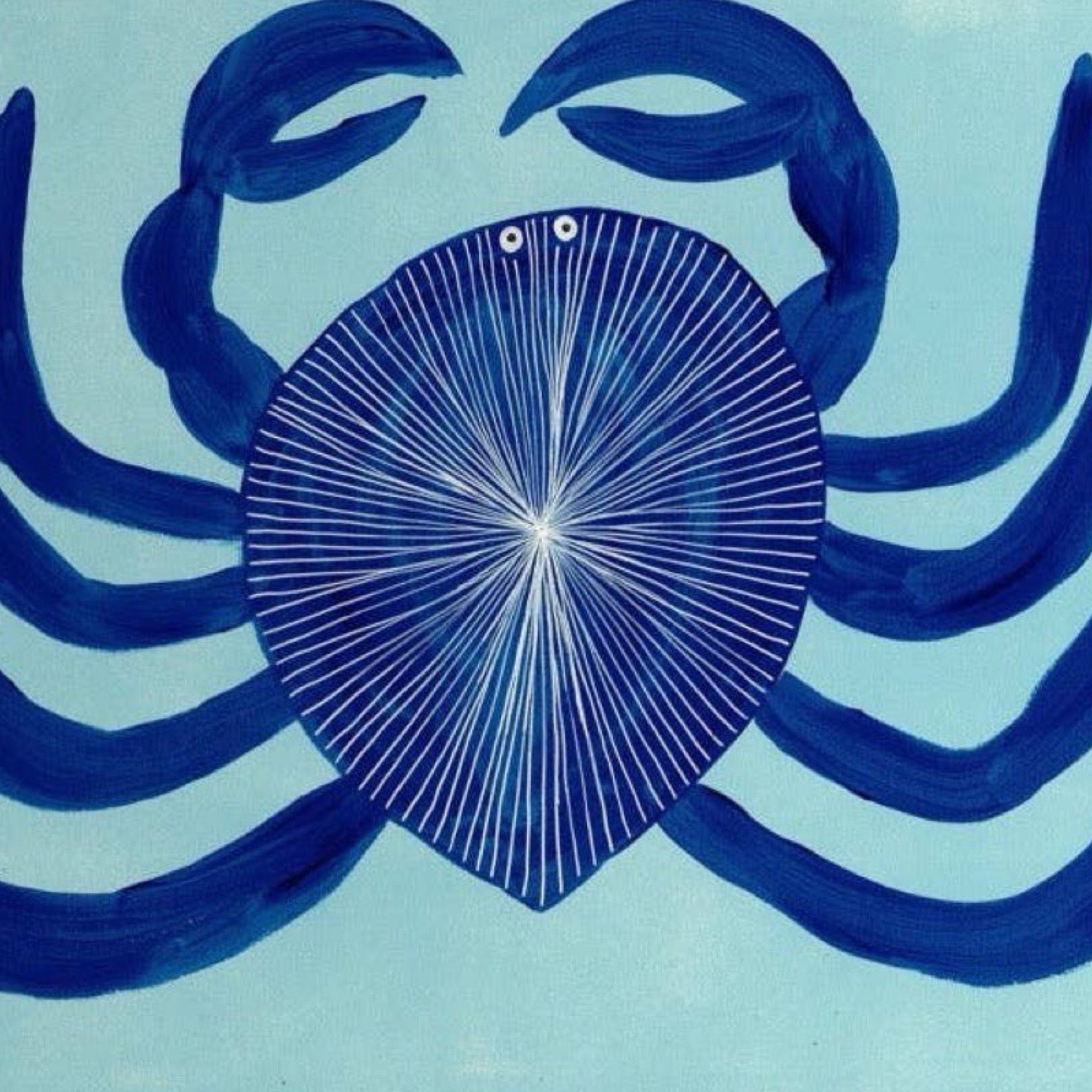 Artwork of a blue crab on a light blue background.
