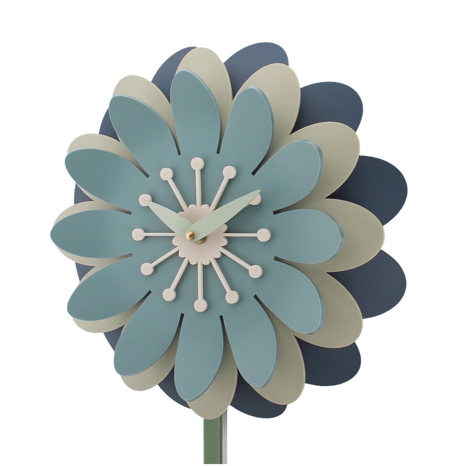 Floral clock with blue and beige petals on a white background.