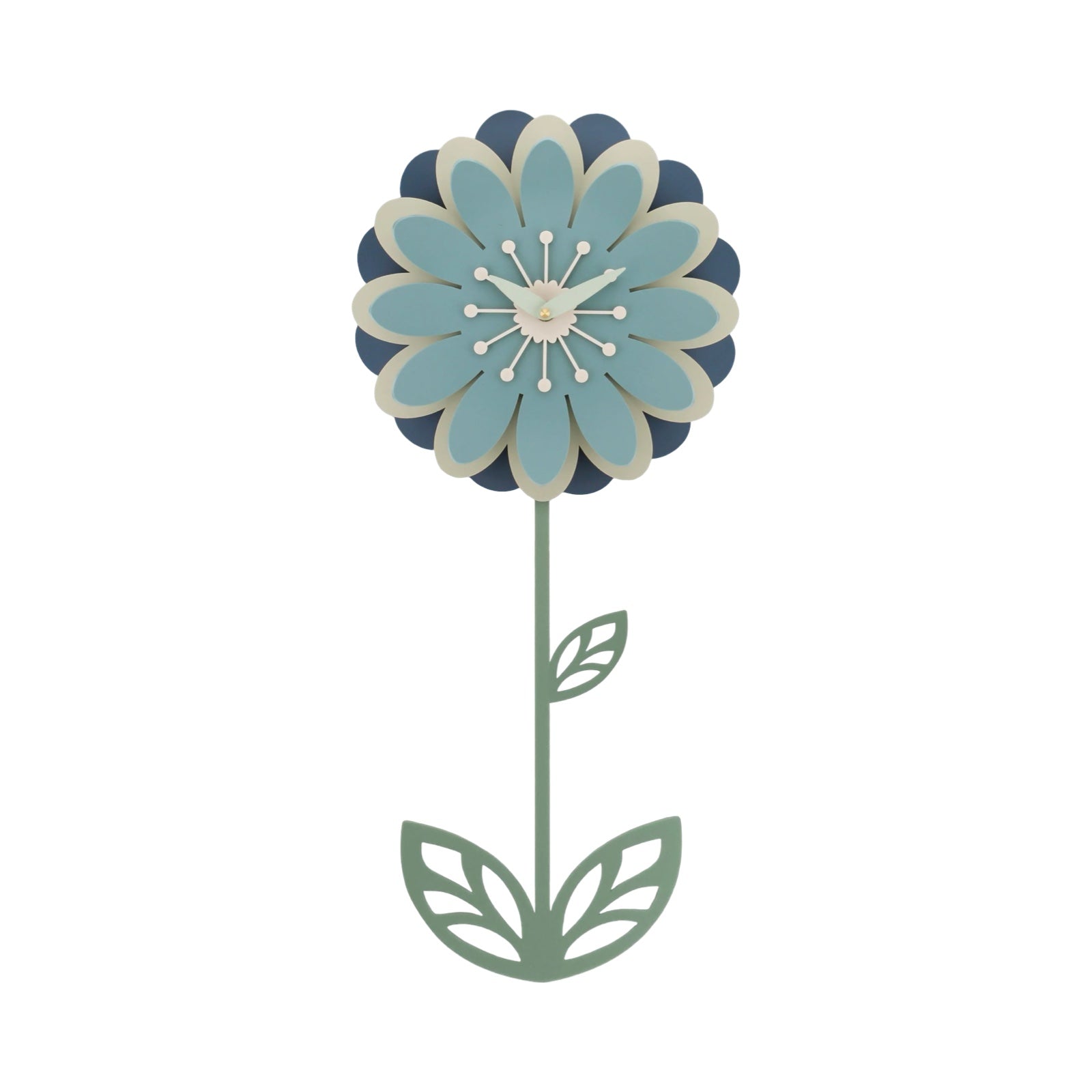 Decorative wall clock designed like a blue flower with green stem and leaves on a white background.