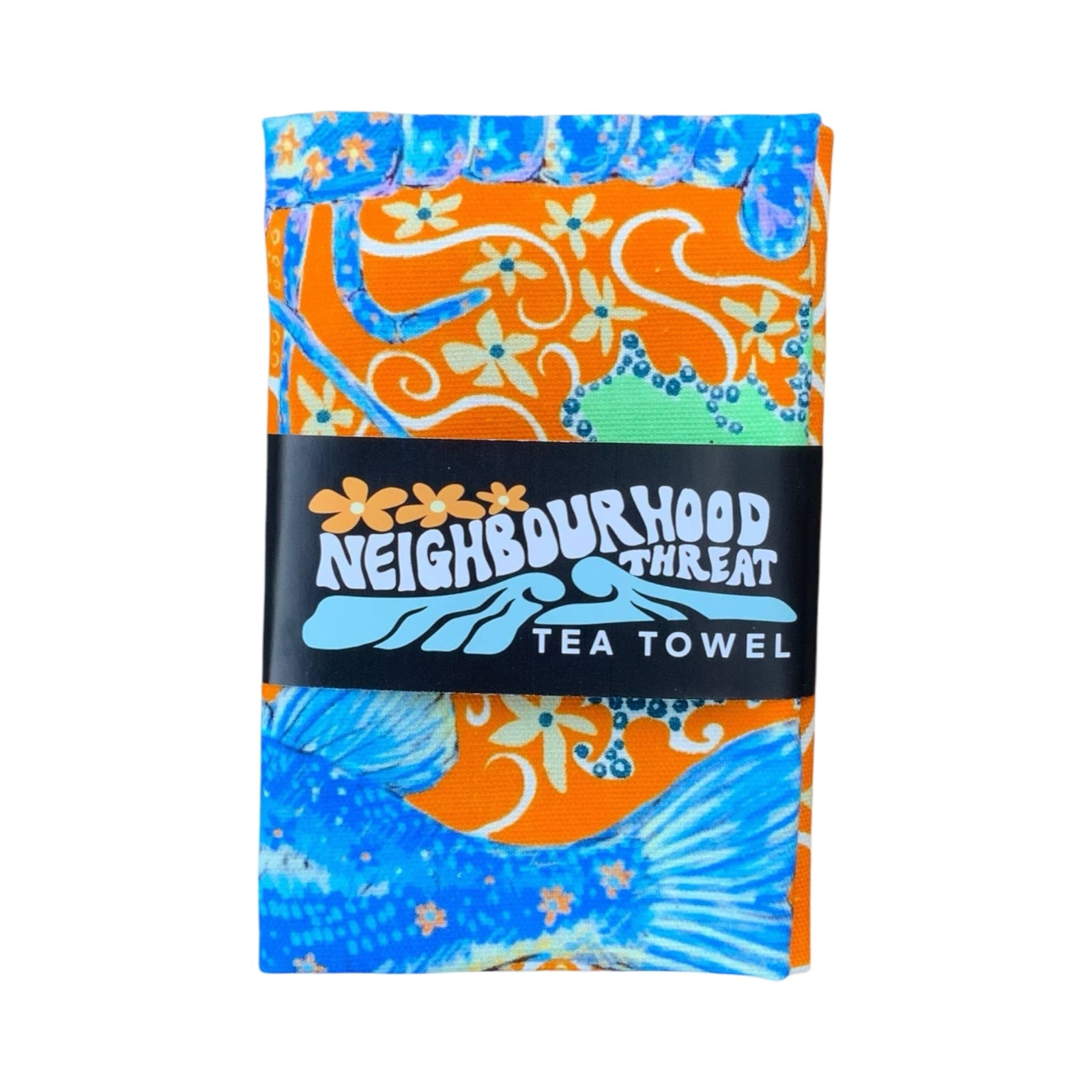 Statement tea towel featuring blue lobsters and fish, with an orange floral background and blue and white checkered boarder.